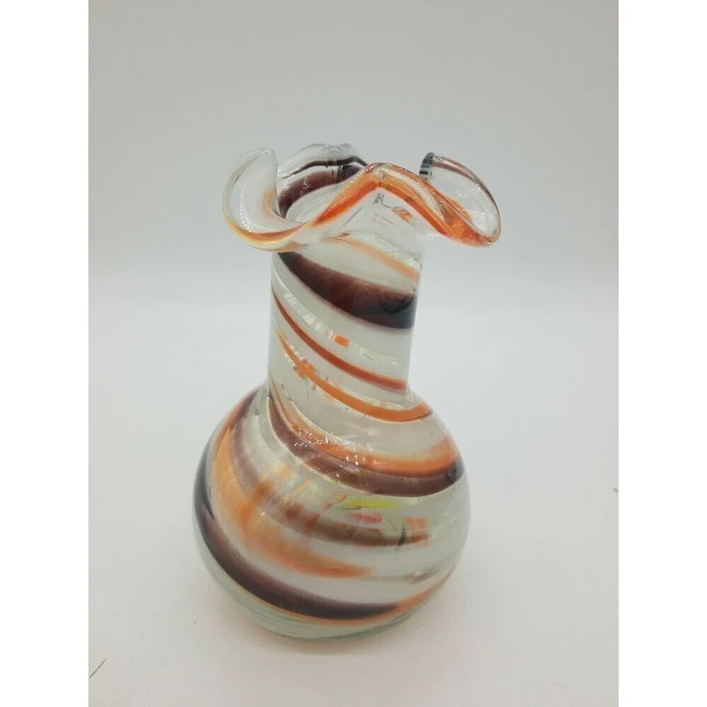 Vtg Vintage Ozark Art Glass Vase Brown Orange Ruffle Edge  5-1/2 Swirl